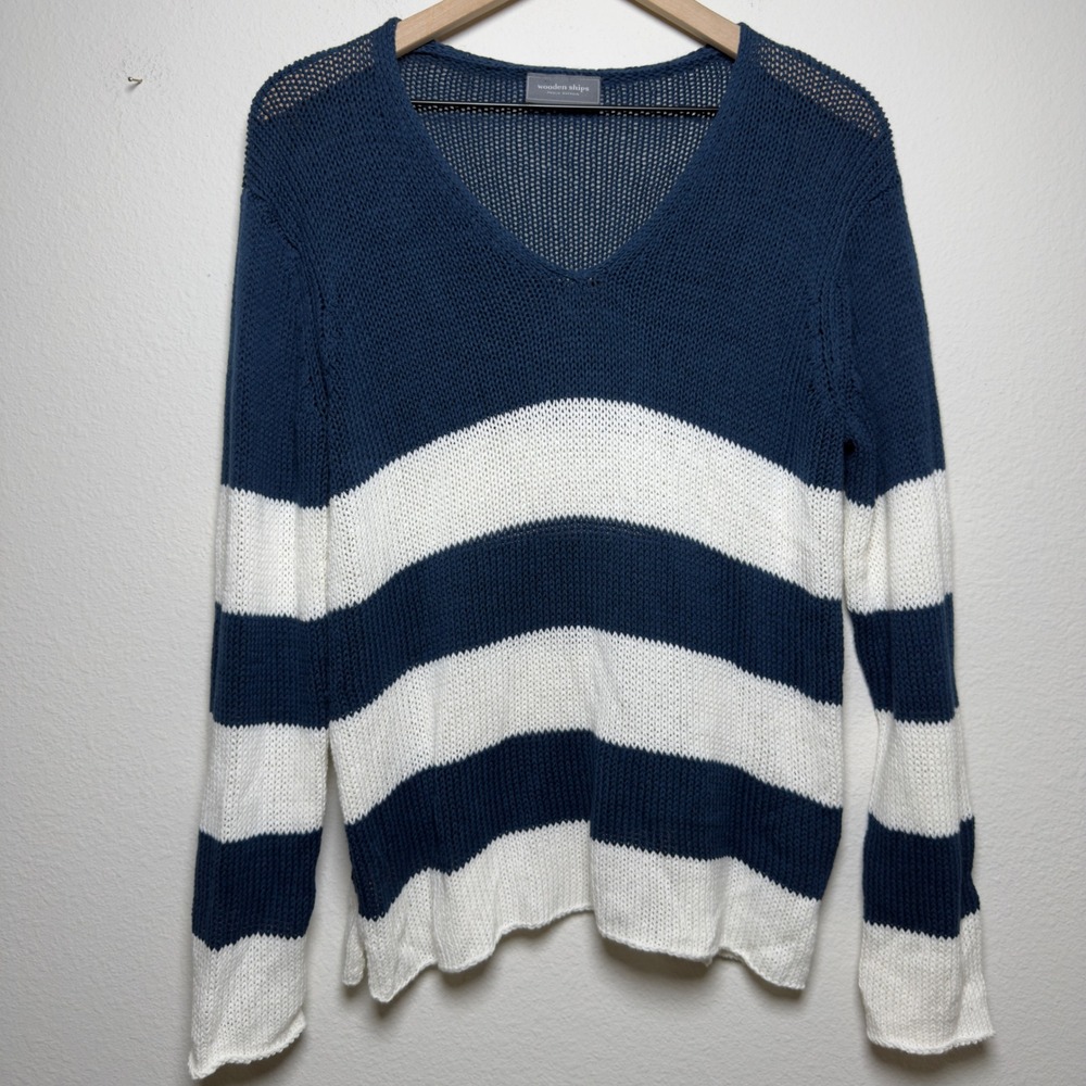 Wooden Ships Women Cotton Knit Sweater Blue White Stripe Beach Coastal Fisherman